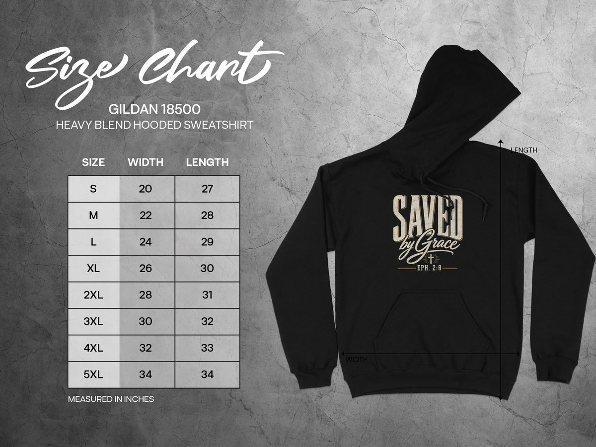 Gildan 18500 Heavy Blend Hooded Sweatshirt size chart with width and length measurements.