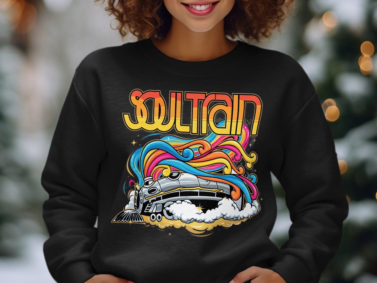 Black sweatshirt with a colorful train graphic and "SOULTRAIN" text.
