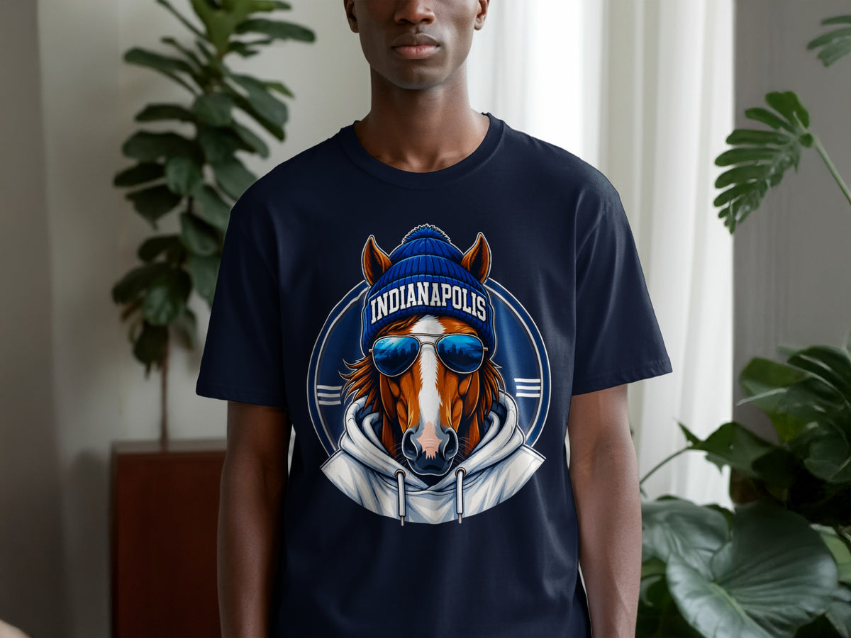 Horse wearing a blue beanie and sunglasses with "Indianapolis" text on a dark blue t-shirt.