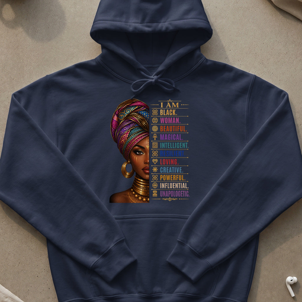 Navy hoodie with graphic featuring a woman's face and words including "I AM BLACK. WOMAN. BEAUTIFUL."