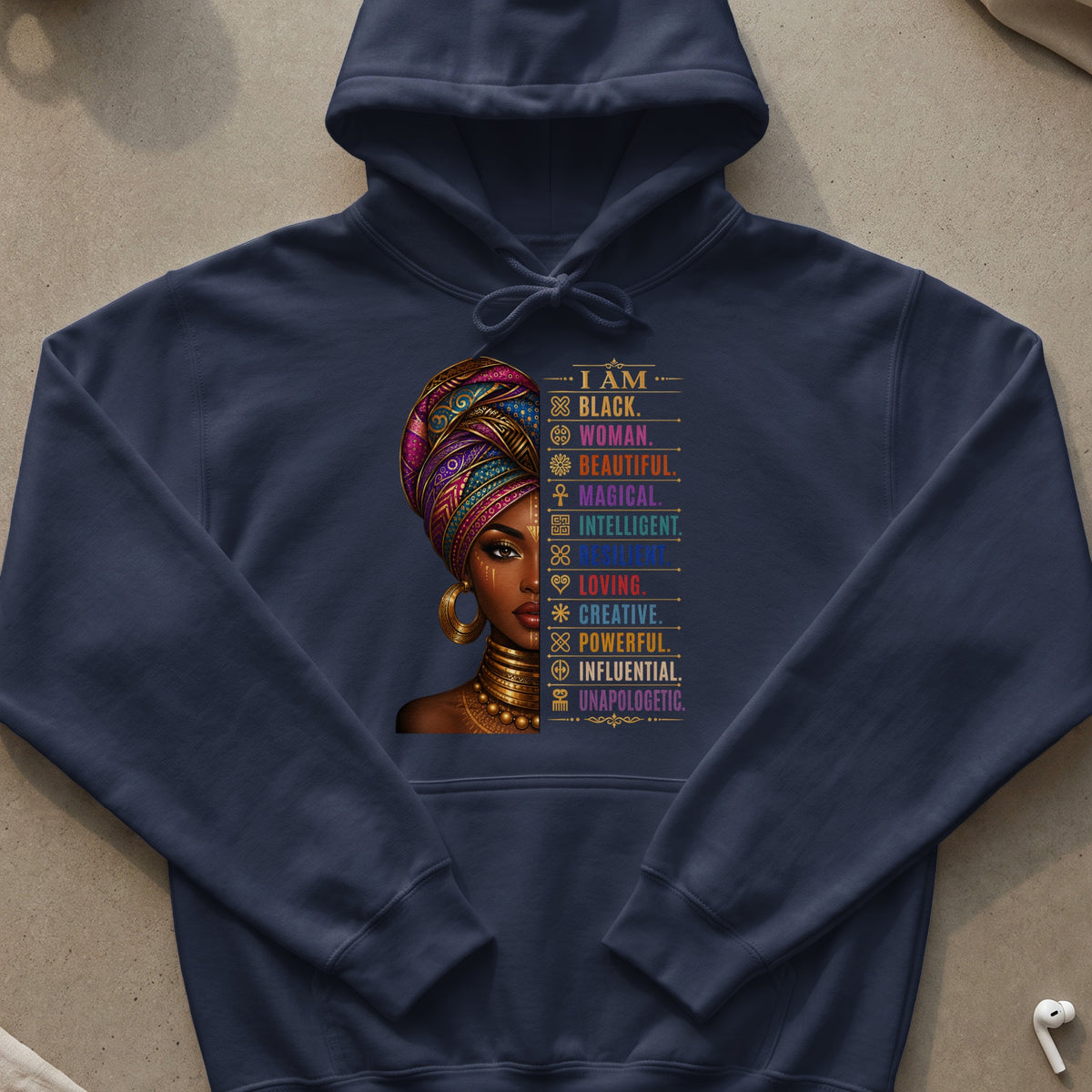 Navy hoodie with graphic featuring a woman's face and words including "I AM BLACK. WOMAN. BEAUTIFUL."