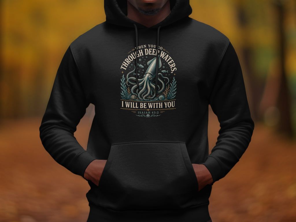 Black hoodie with a graphic of a squid, fish, and text "When you go through deep waters, I will be with you, Isaiah 43:2."
