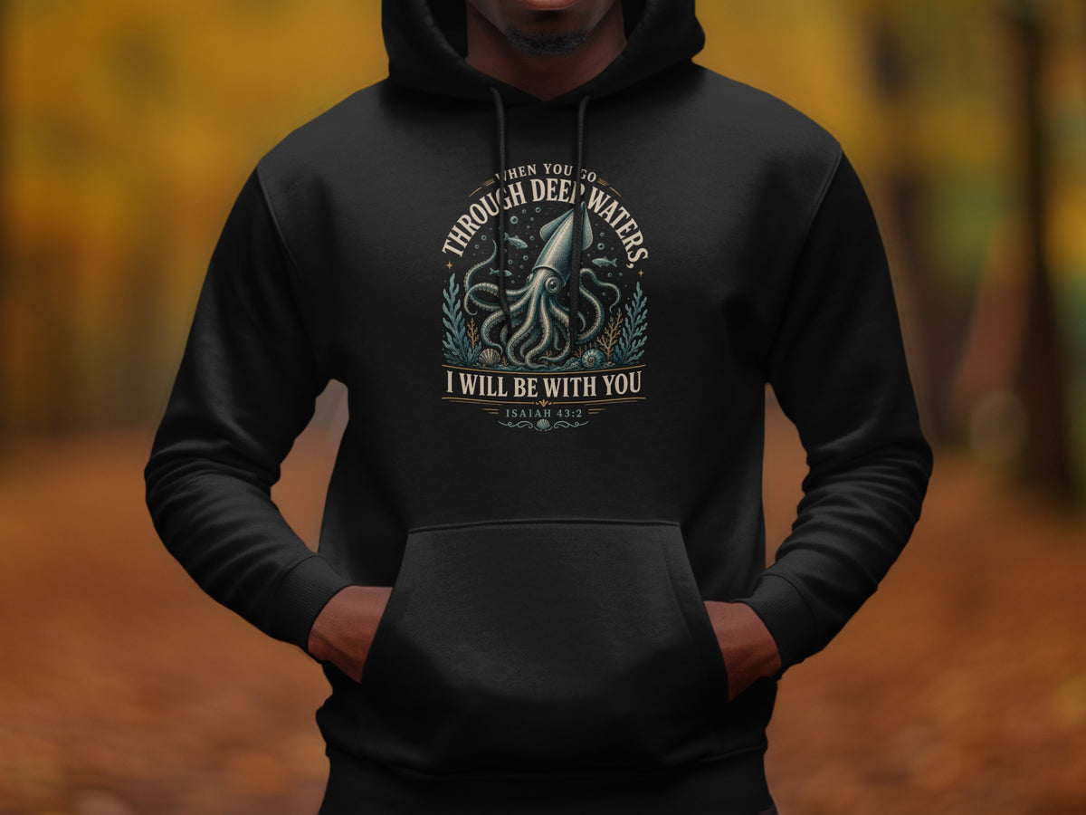 Black hoodie with a graphic of a squid, fish, and text "When you go through deep waters, I will be with you, Isaiah 43:2."
