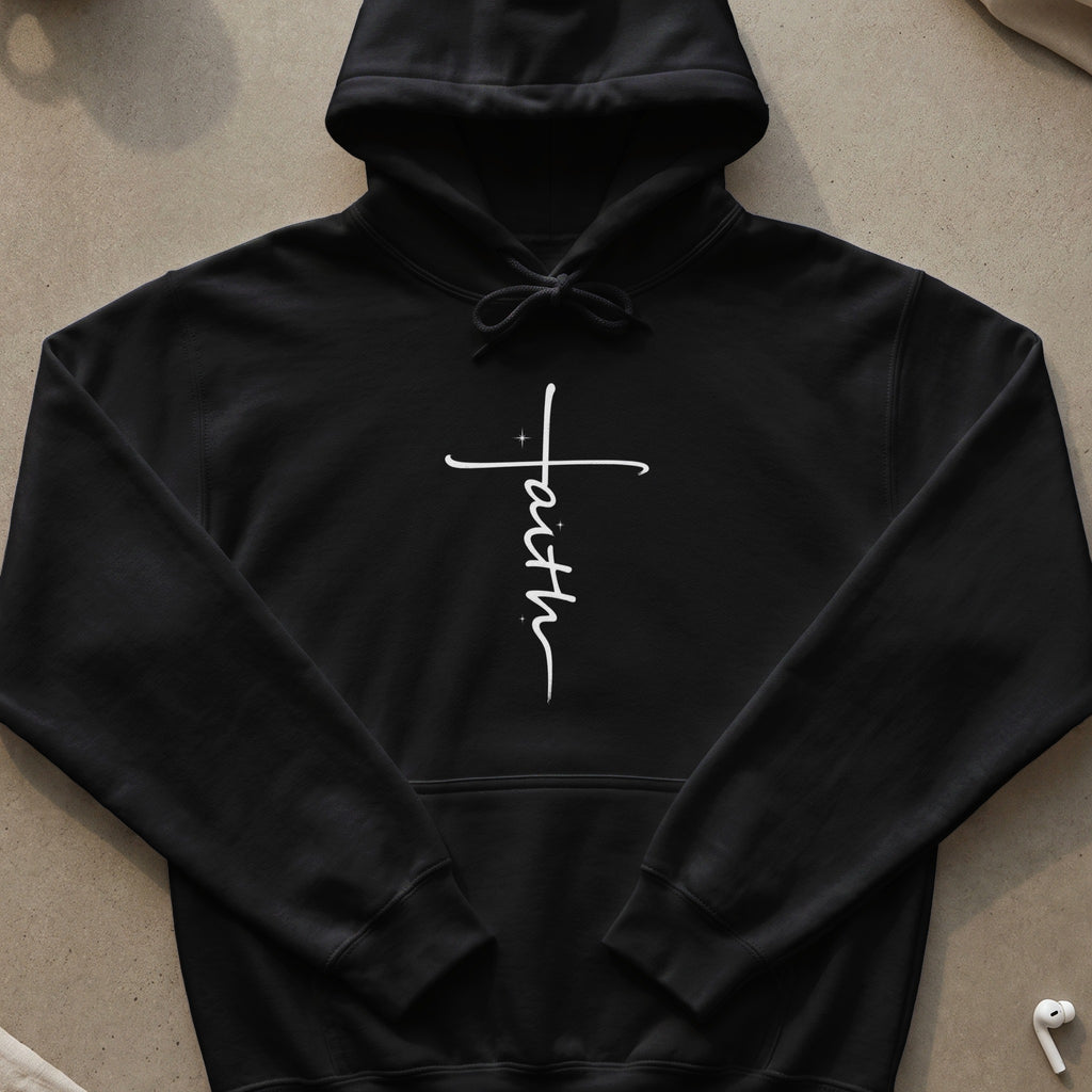 Black hoodie with white "faith" text on a cross.