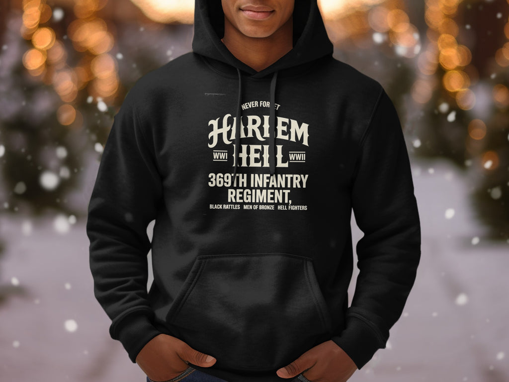 Black hoodie with "Harlem Hellfighters 369th Infantry Regiment" text.