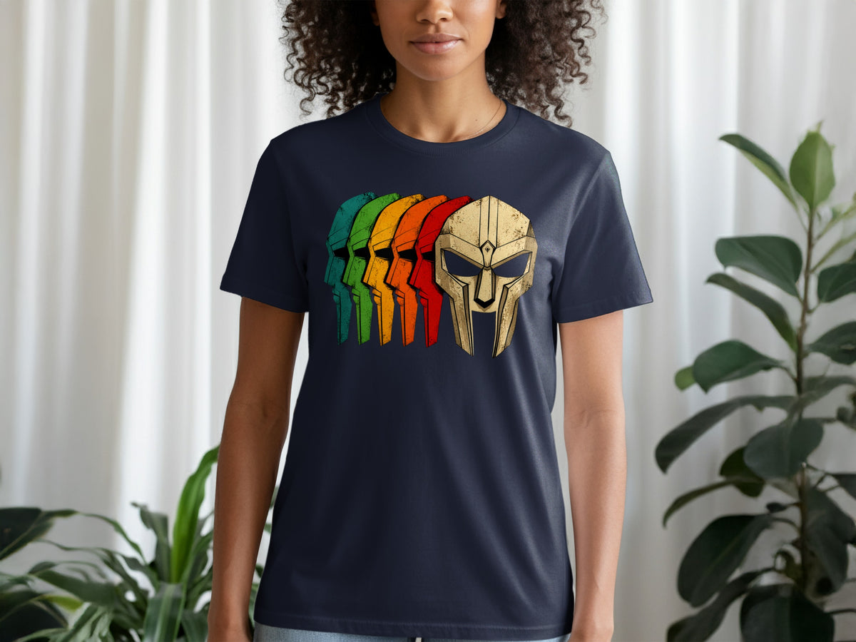 Navy t-shirt with rainbow-colored retro mask graphic.