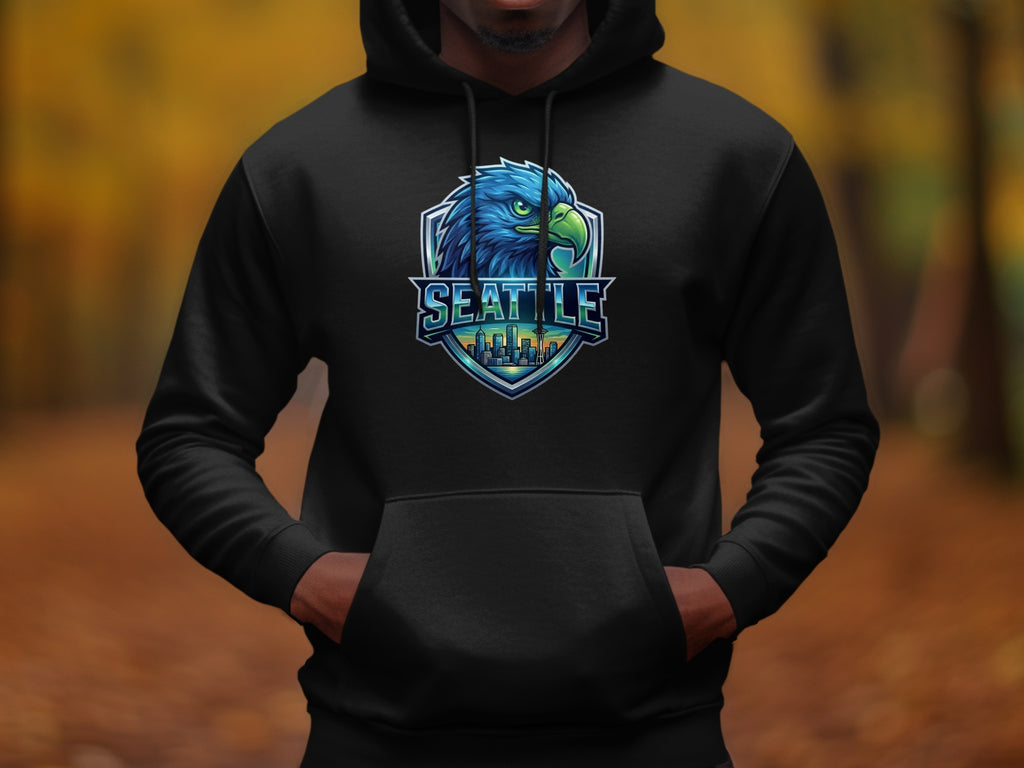 Black hoodie with Seattle eagle and city skyline logo on chest.