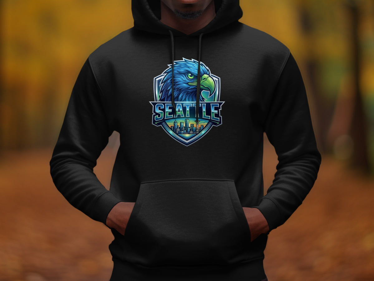 Black hoodie with Seattle eagle and city skyline logo on chest.