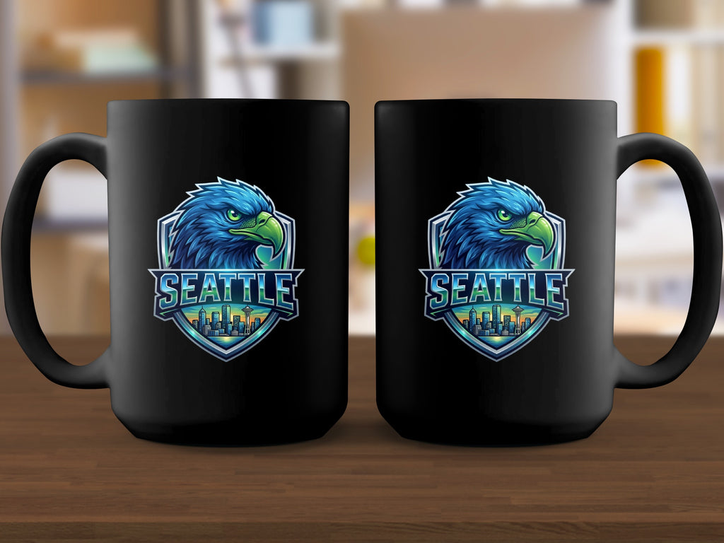 Two black mugs feature a blue eagle emblem with the word "SEATTLE" and a cityscape.