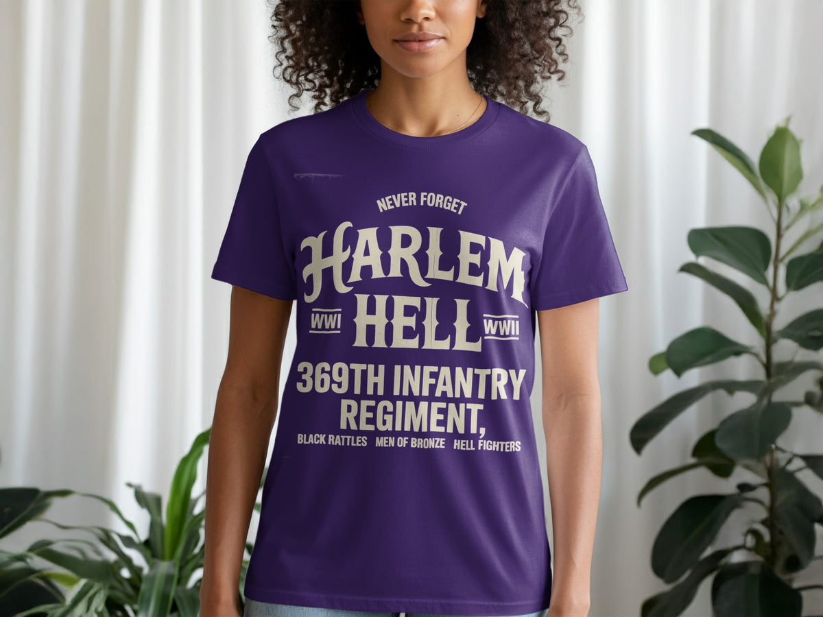 Purple t-shirt with text "Harlem Hellfighters 369th Infantry Regiment WWII".