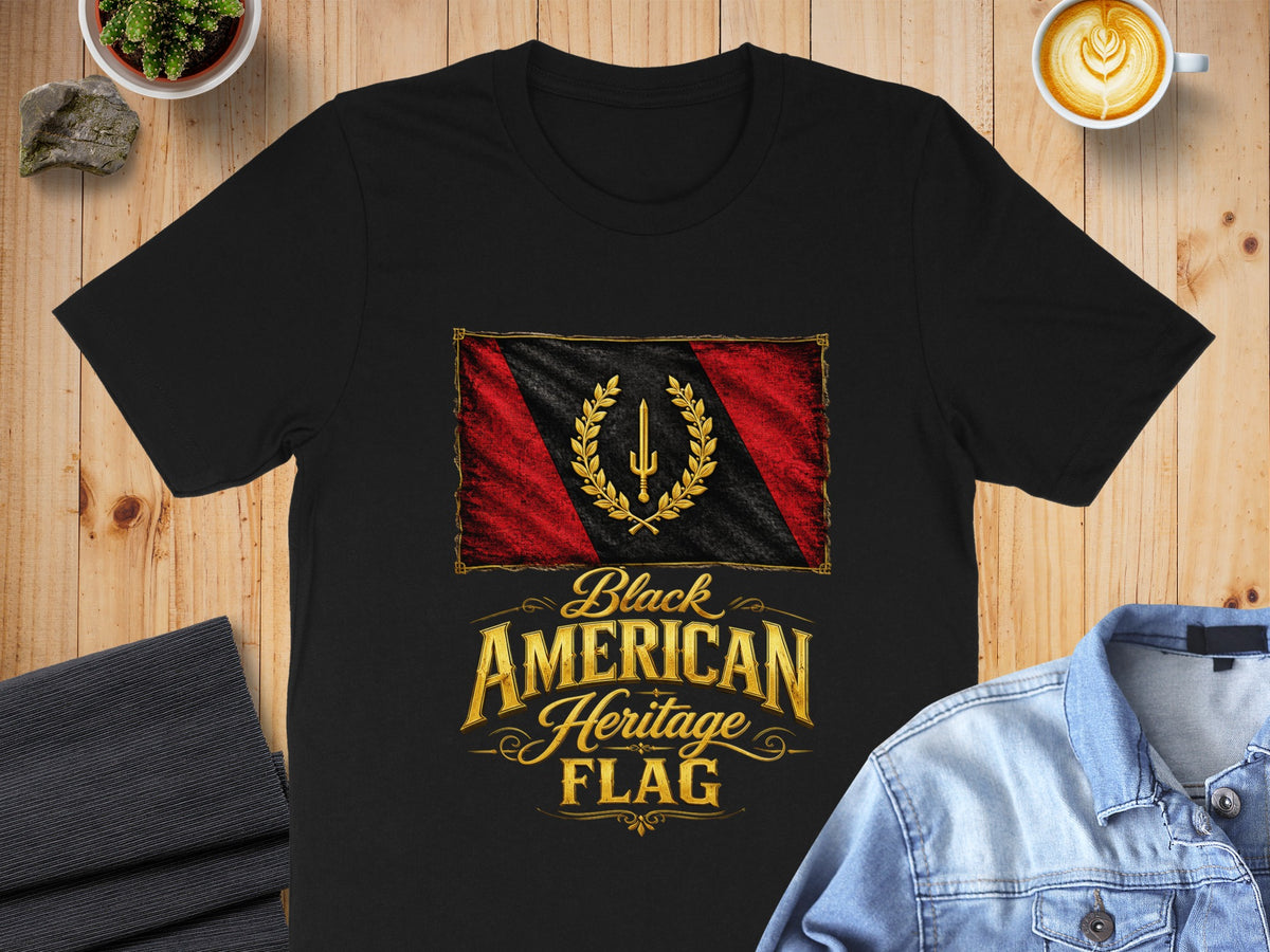 Black American Heritage Flag design on a black t-shirt.