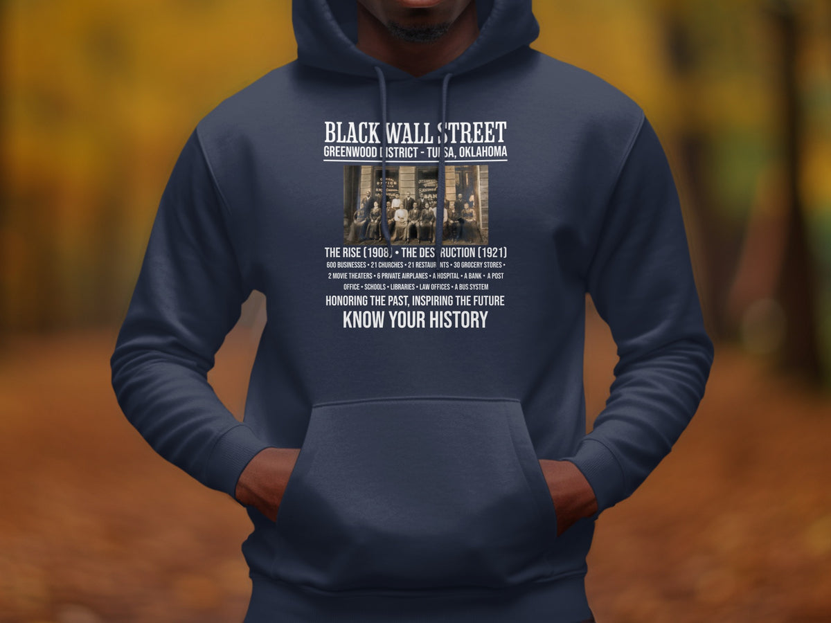 Black Wall Street Tulsa, Oklahoma hoodie with text about its history and businesses.
