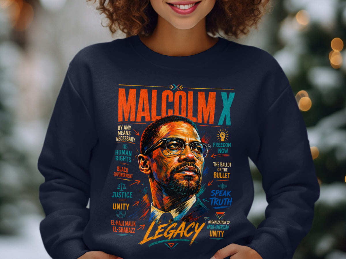Malcolm X graphic with text "Legacy," "By Any Means Necessary," and "Speak Truth."