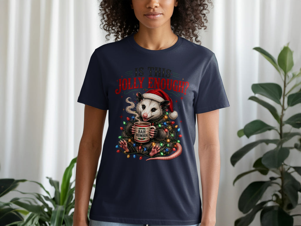 Opossum wearing Santa hat with Christmas lights, holding "Bah Humbug" mug. "Is this jolly enough?" text.