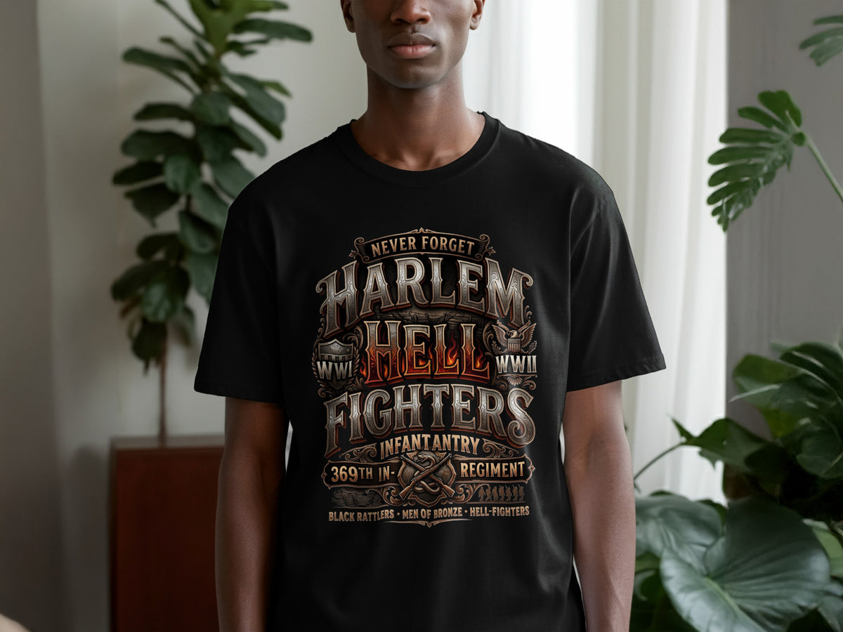 Black t-shirt with "Harlem Hell Fighters" WWII 369th Infantry Regiment graphic.