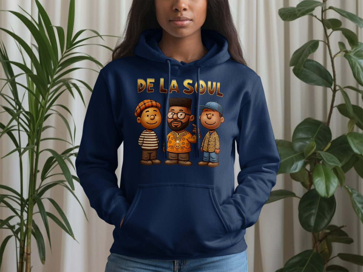 Navy hoodie with "DE LA SOUL" text and cartoon characters.