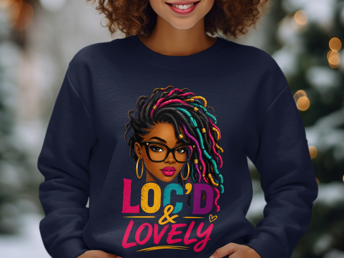 Crewneck sweatshirt featuring illustration of woman with colorful locs and text "LOC'D & LOVELY".
