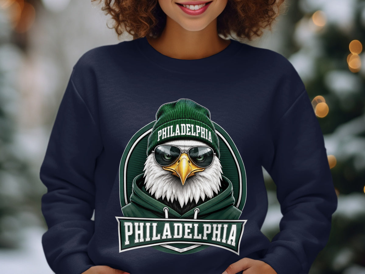 Navy sweatshirt with Philadelphia eagle graphic and text.