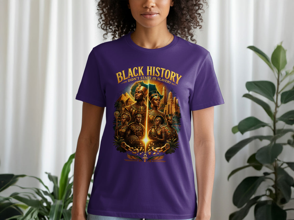 Purple t-shirt with "Black History Didn't Start in Slavery" text and regal figures.