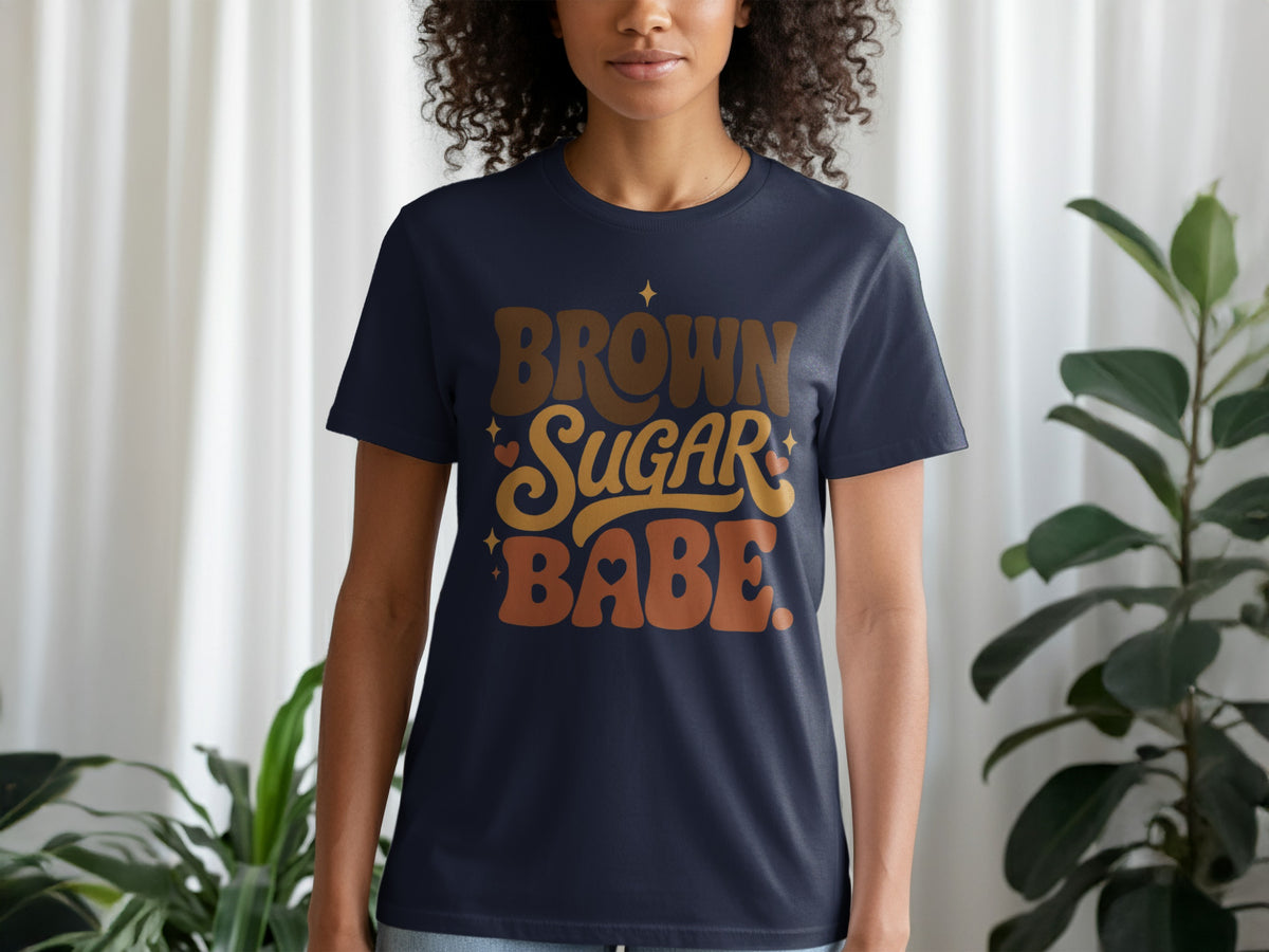 Navy t-shirt with "Brown Sugar Babe" text and small hearts.