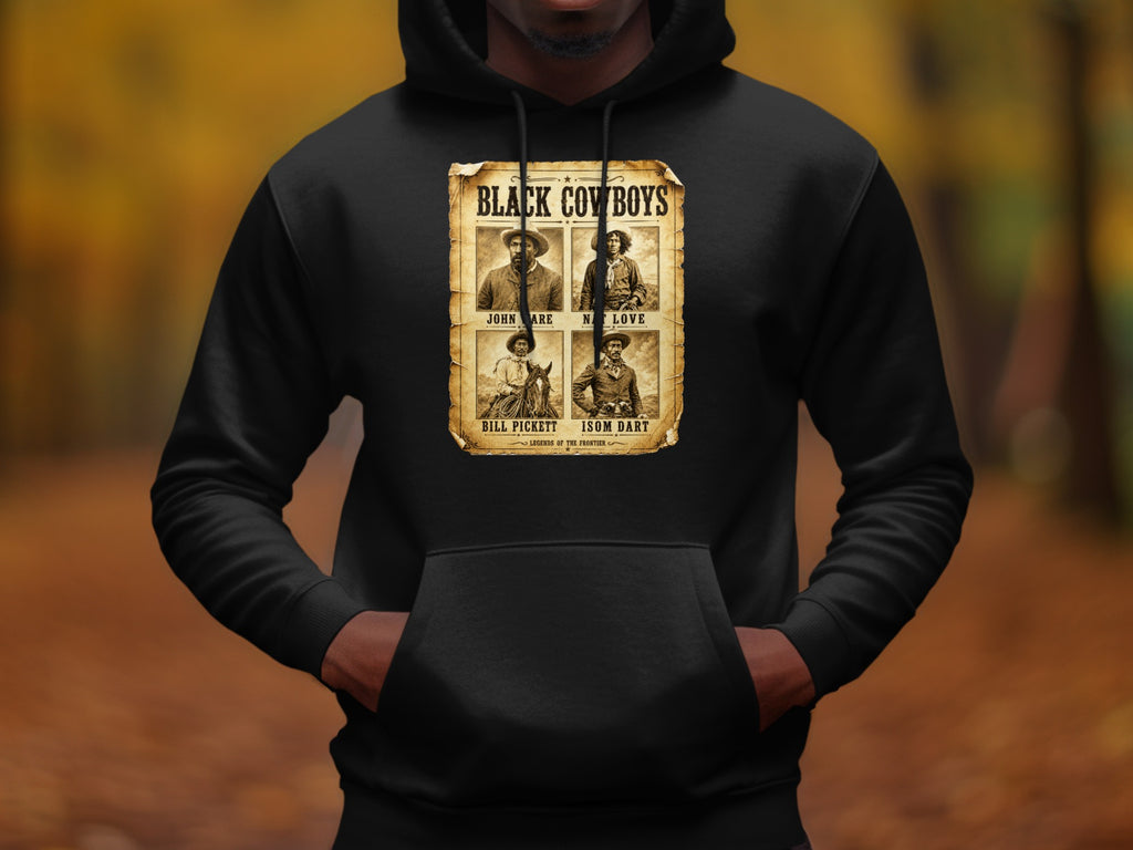 Black Cowboys poster with John Ware, N. Love, Bill Pickett, and Isom Dart.