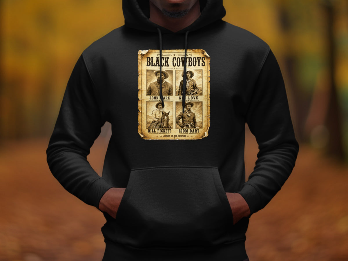 Black Cowboys poster with John Ware, N. Love, Bill Pickett, and Isom Dart.