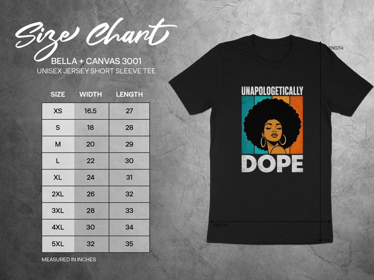 Size chart for Bella+Canvas 3001 unisex jersey t-shirts with measurements.