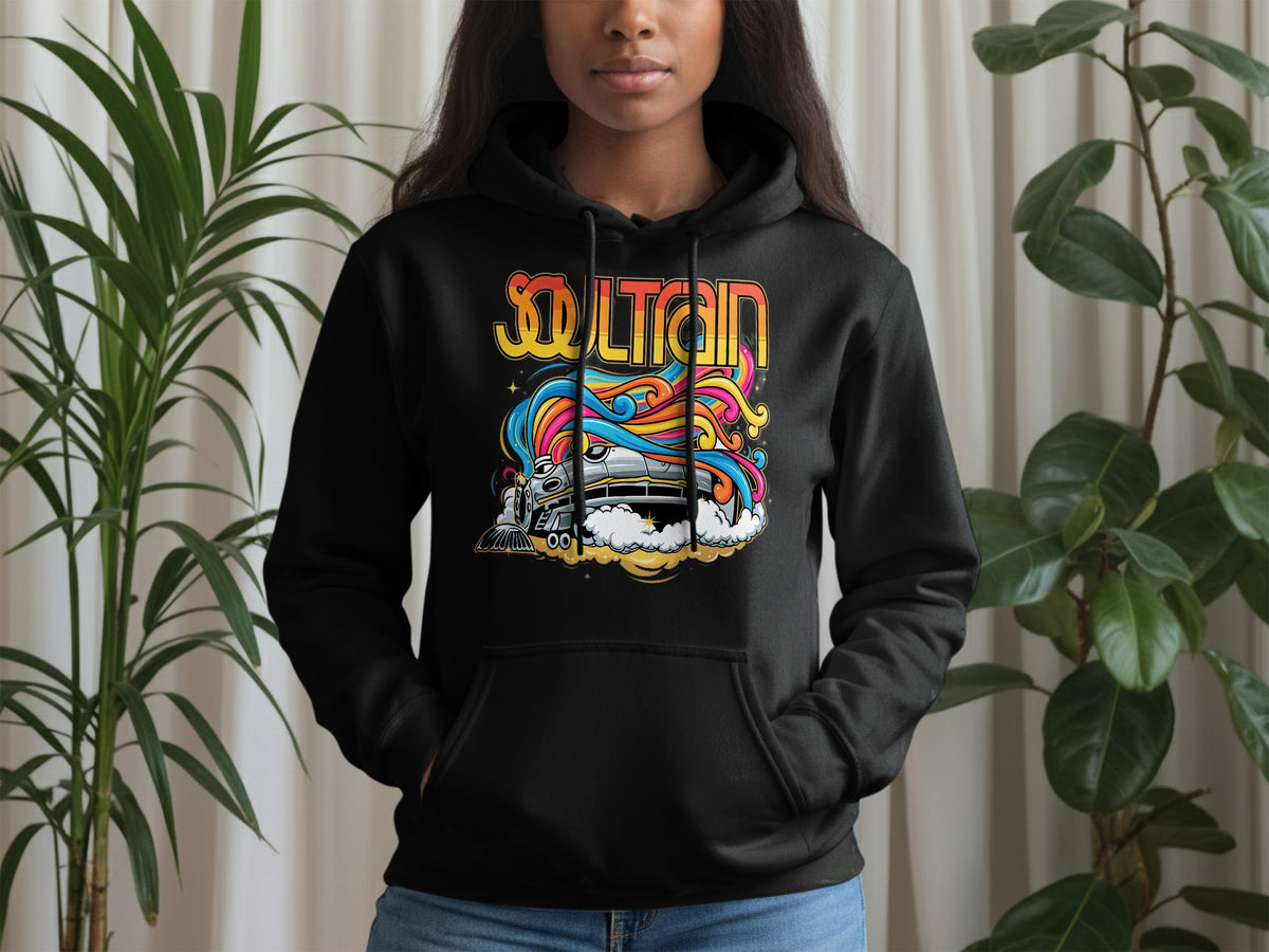 Black hoodie with colorful "SOULTRAIN" text and a vintage train graphic.