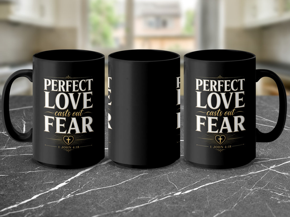Black mug with "Perfect Love Casts Out Fear" and 1 John 4:18.