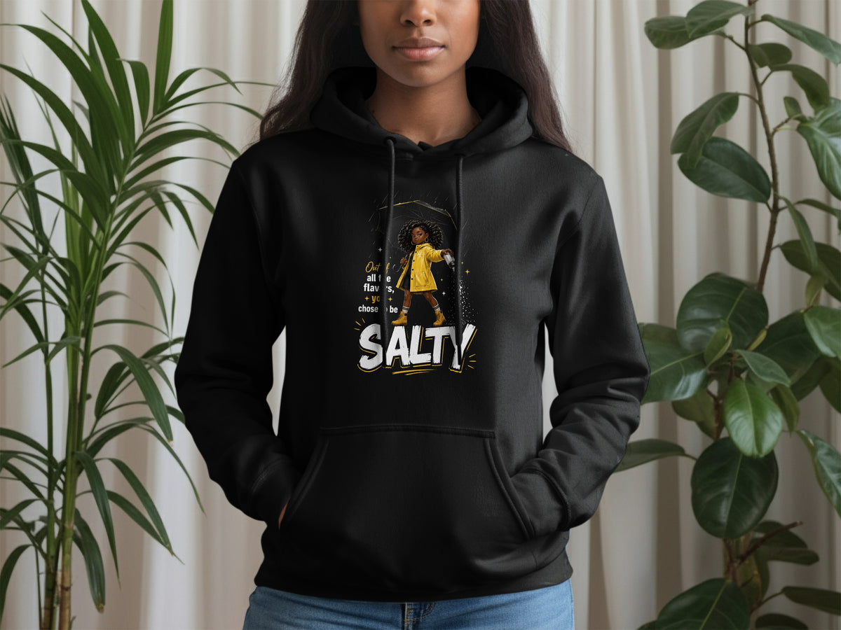 Black hoodie with illustration of girl and text "SALTY".