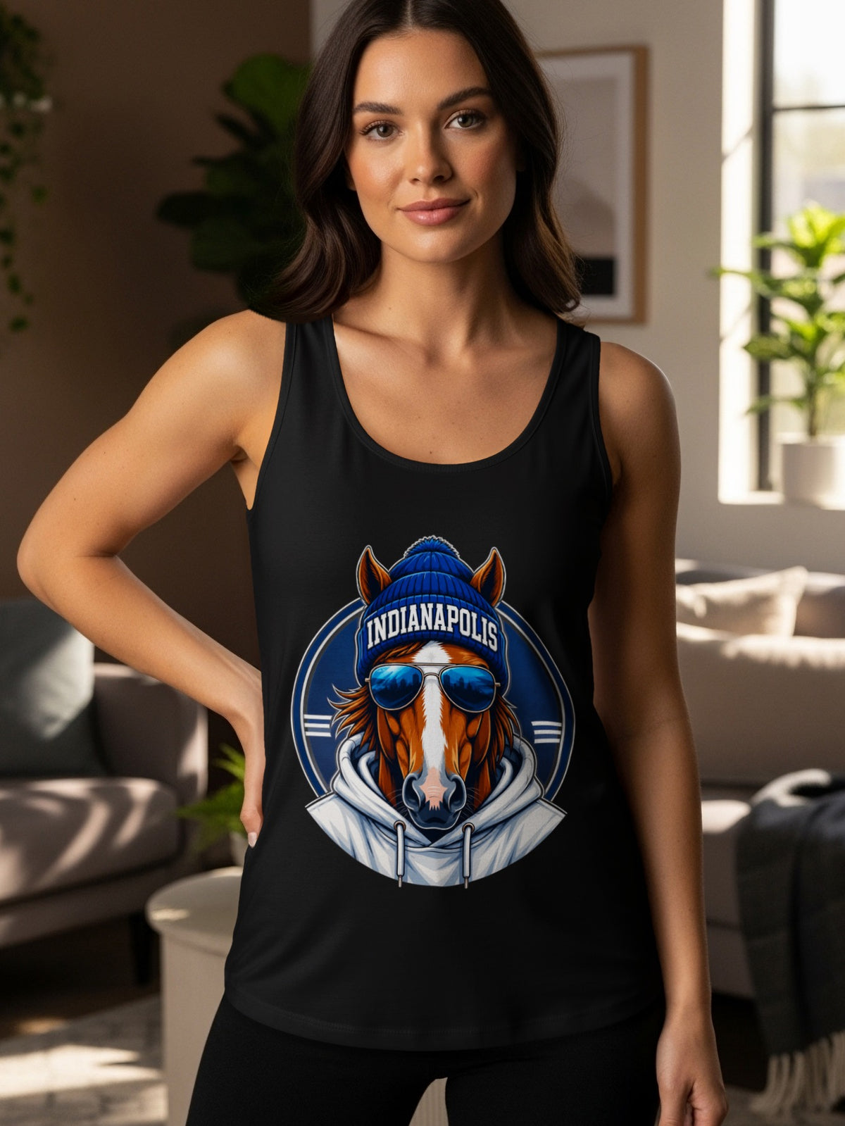 Black tank top with Indianapolis horse graphic wearing sunglasses and beanie.