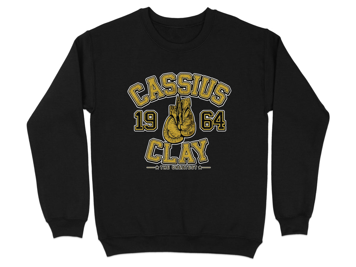 Black sweatshirt with Cassius 19 64 Clay text and boxing gloves graphic.