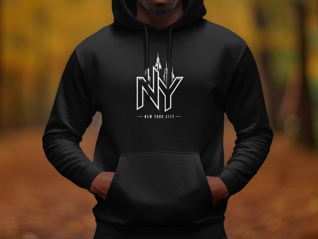 Black hoodie with white New York City skyline graphic and text.
