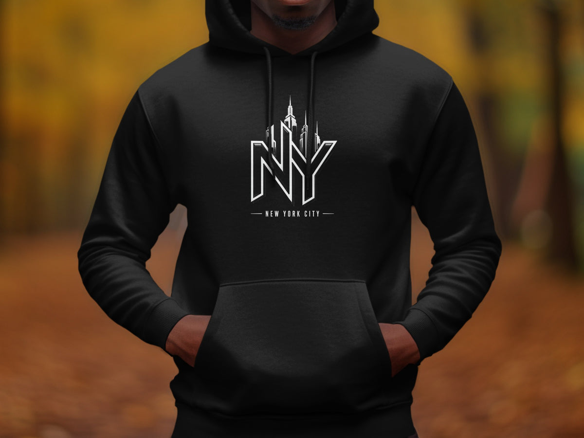 Black hoodie with white New York City skyline graphic and text.