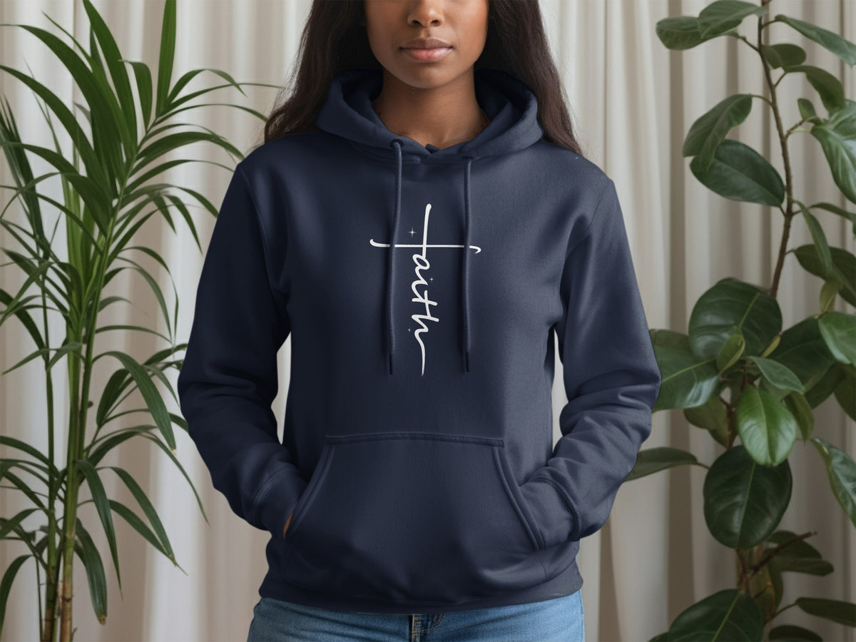 Navy hoodie with white text and a cross graphic on the chest.