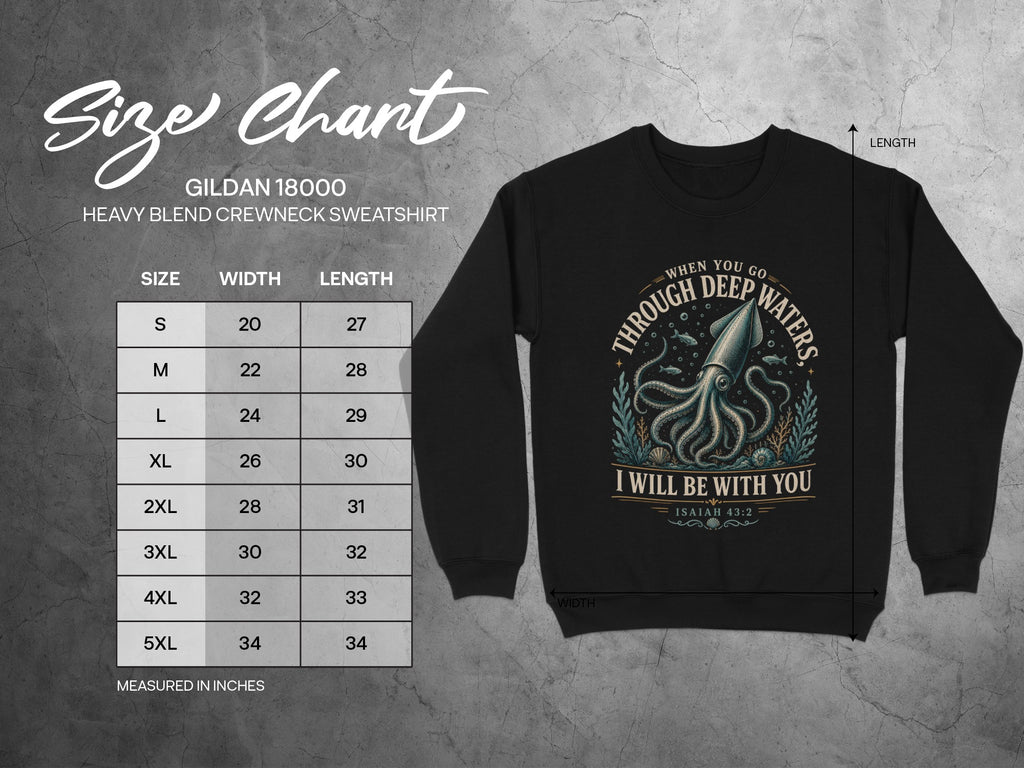 Gildan 18000 heavy blend sweatshirt size chart with octopus graphic and scripture.