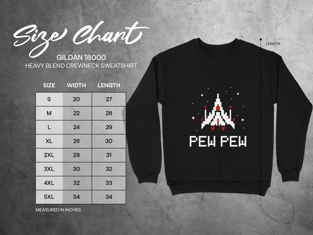 Gildan 18000 sweatshirt size chart with "Pew Pew" graphic and measurements in inches.