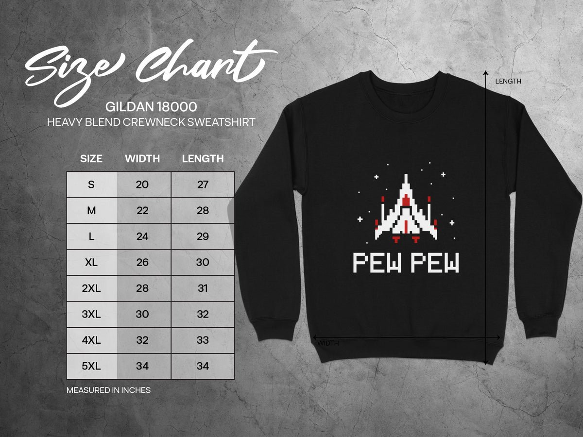 Gildan 18000 sweatshirt size chart with "Pew Pew" graphic and measurements in inches.