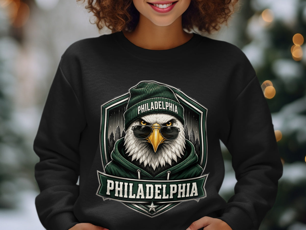 Black sweatshirt with Philadelphia eagle graphic wearing beanie and sunglasses.