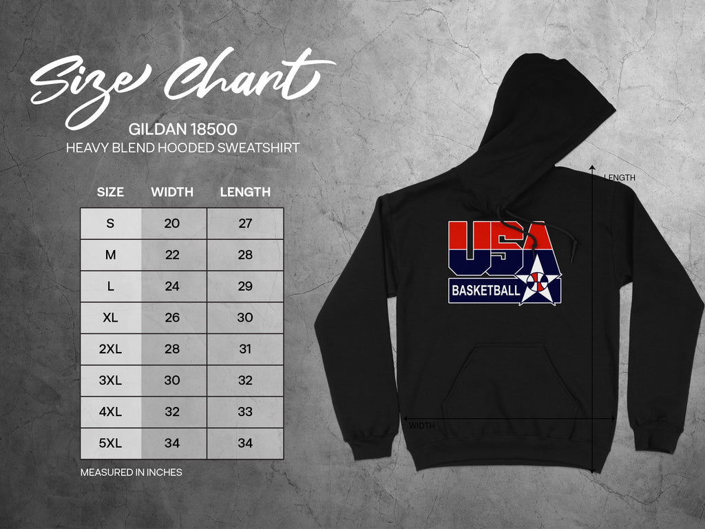 Gildan 18500 hooded sweatshirt size chart with width and length in inches.