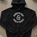 Black hoodie with white text "Gangsta Rap & Public Radio" in a circular design.