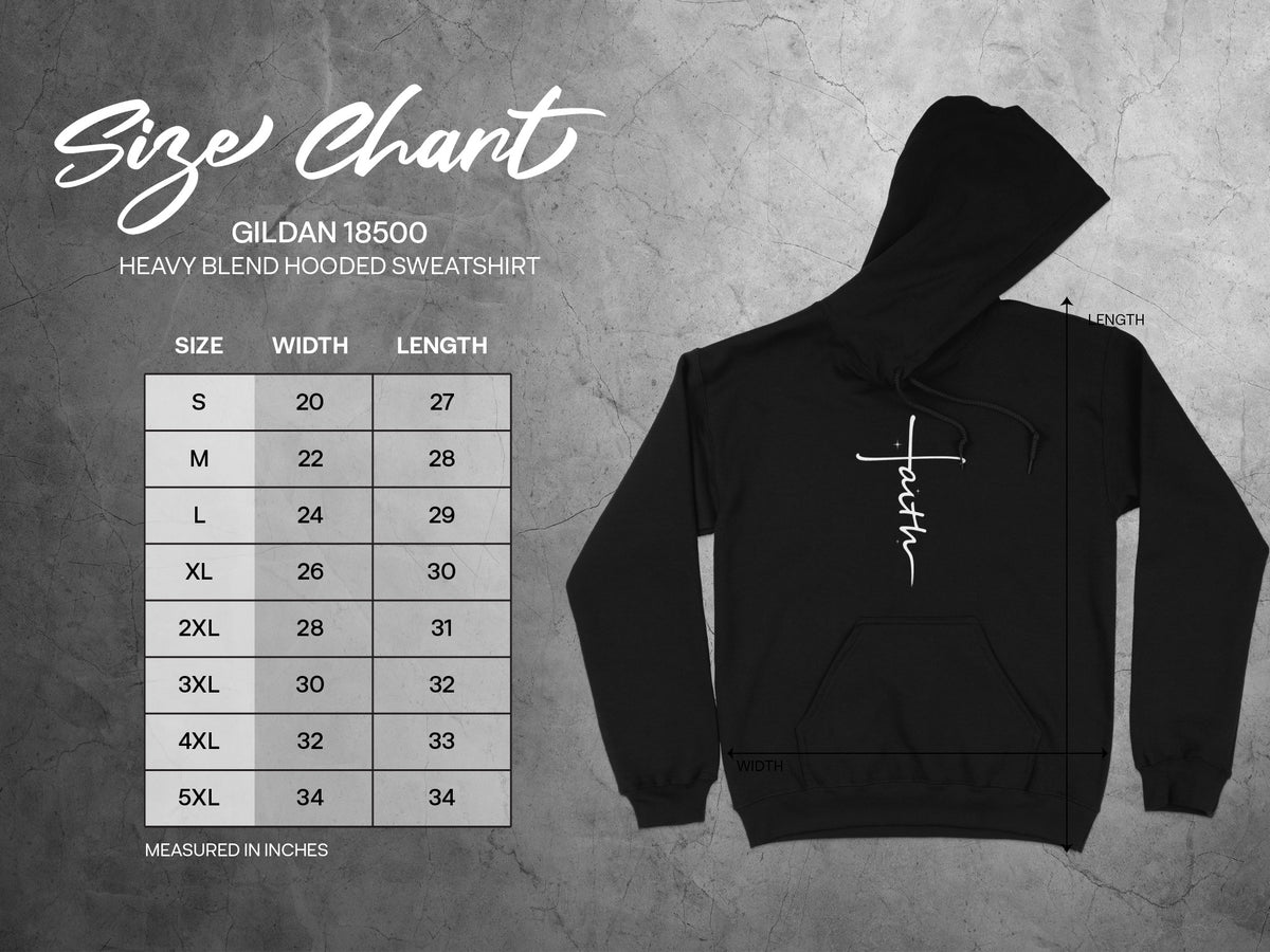 Gildan 18500 Heavy Blend Hooded Sweatshirt size chart with width and length measurements.