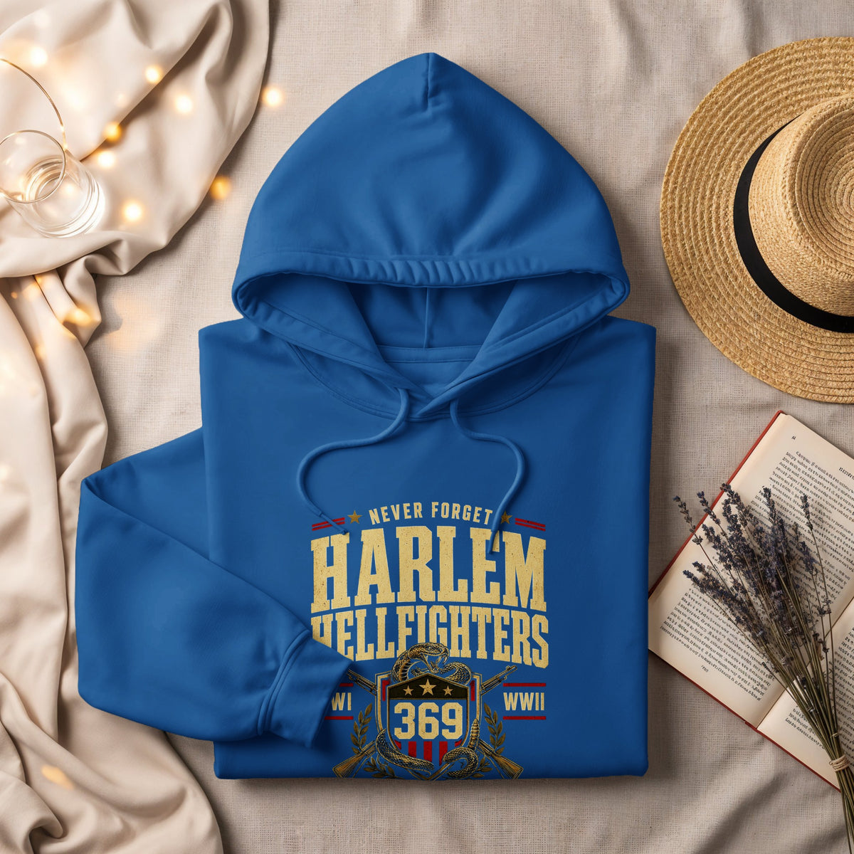 Blue hoodie with Harlem Hellfighters 369th Infantry Regiment design.