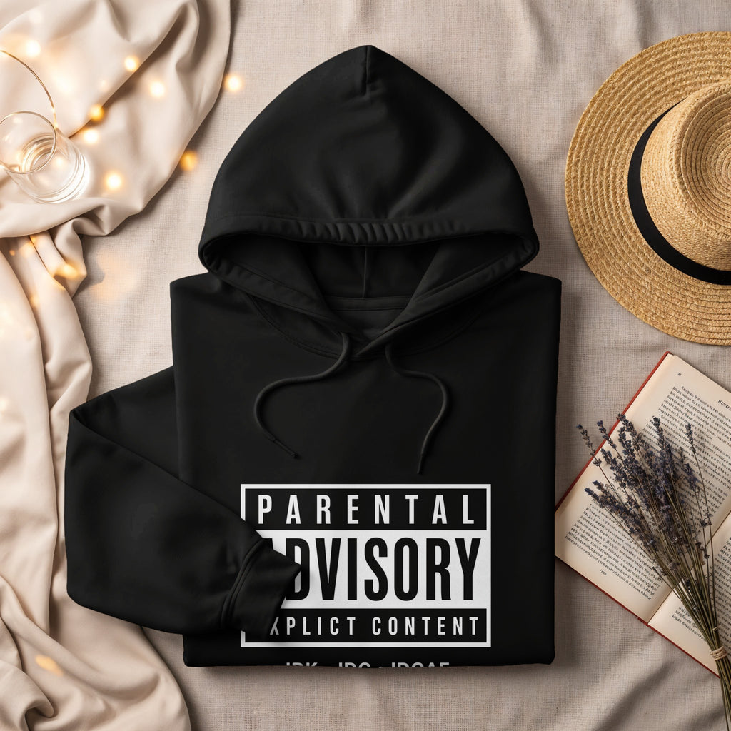 Black hoodie with white "Parental Advisory Explicit Content" graphic.