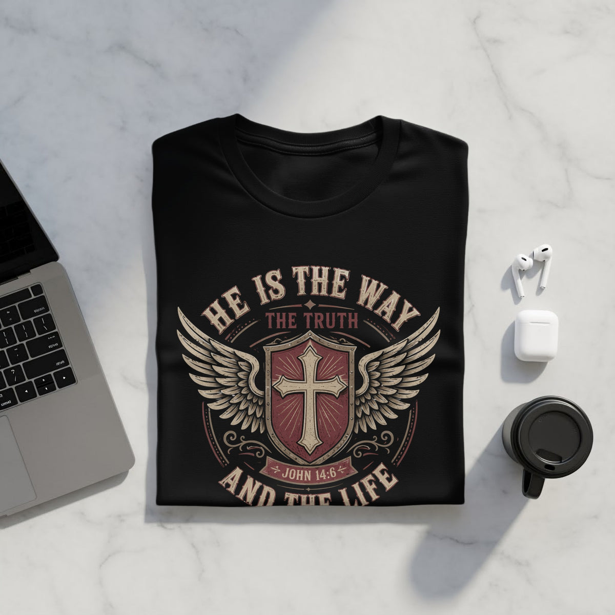 Black t-shirt with "He is the way the truth and the life John 14:6" text and cross design.