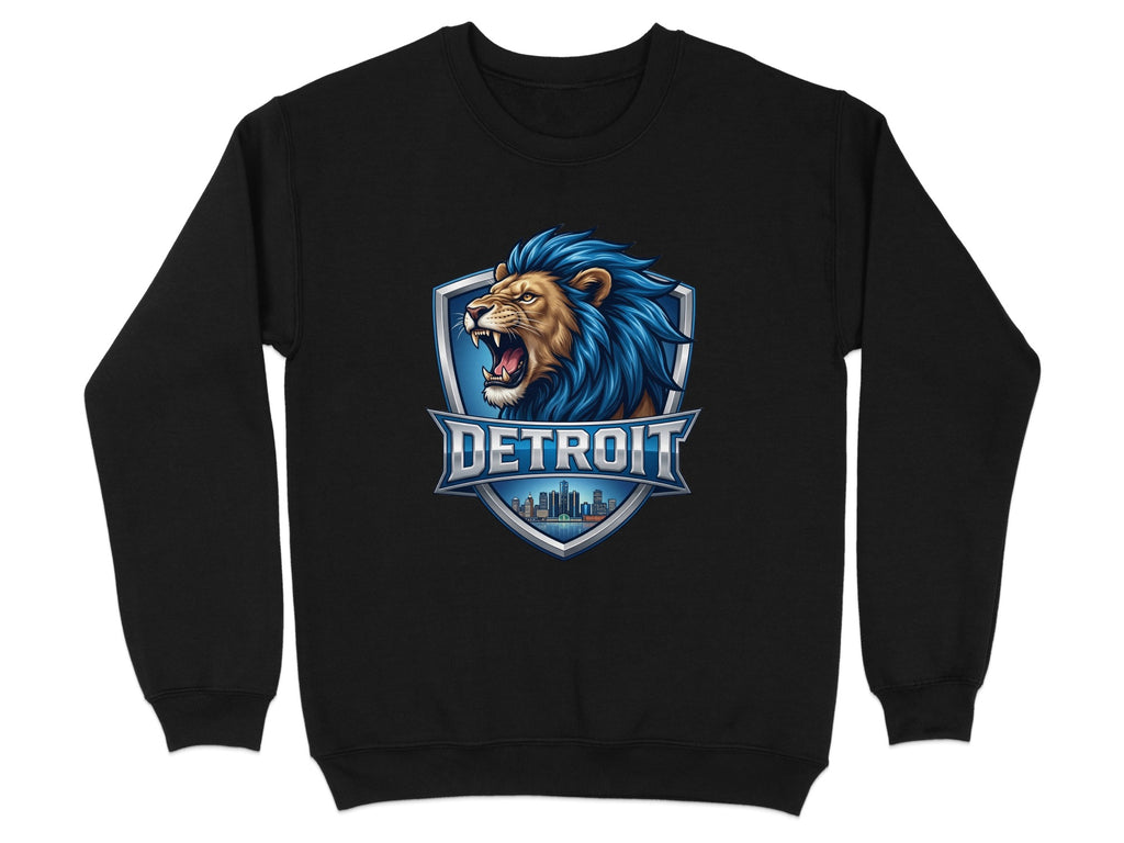 Black sweatshirt with Detroit lion crest logo and city skyline graphic.