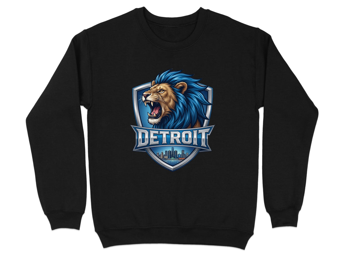 Black sweatshirt with Detroit lion crest logo and city skyline graphic.