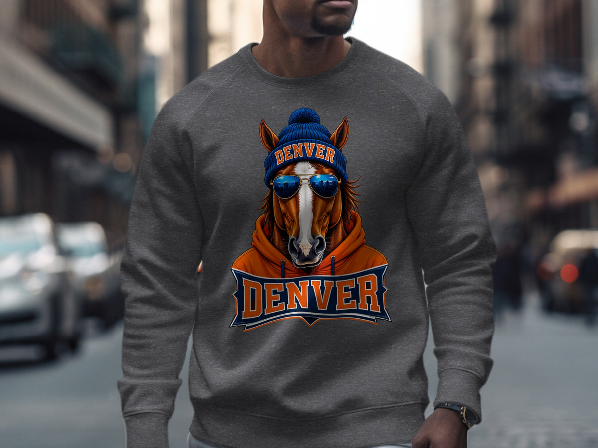 Horse wearing Denver hat and sunglasses on a graphic sweatshirt.