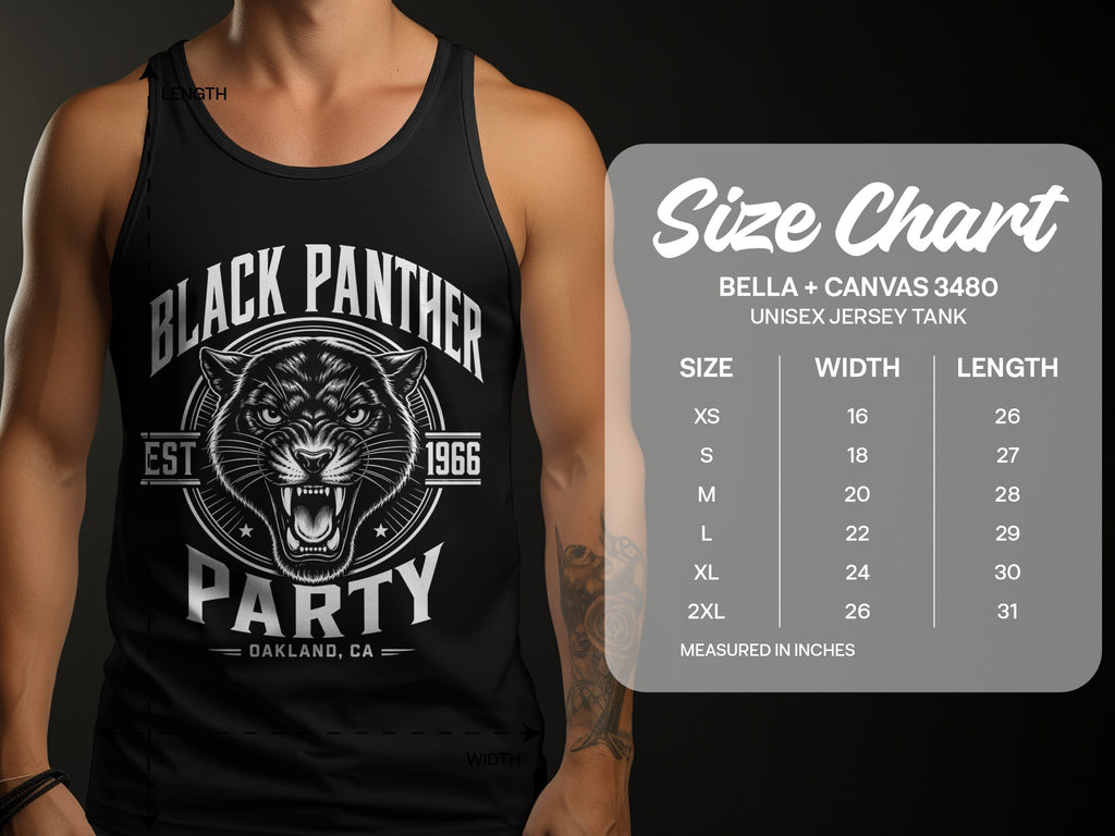 Black Panther Party tank top with Oakland, CA graphic. Includes size chart.