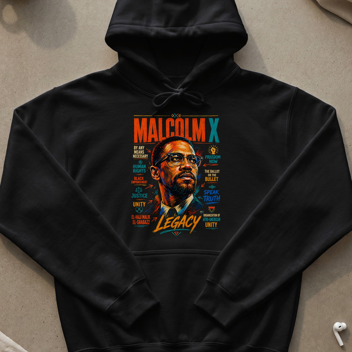 Malcolm X portrait with quotes: Legacy, Freedom Now, Justice, Unity, Ballot or Bullet.